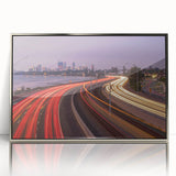 Framed acrylic print of Perth, Australia skyline in muted gray and blue tones, suitable for modern art wall decor.