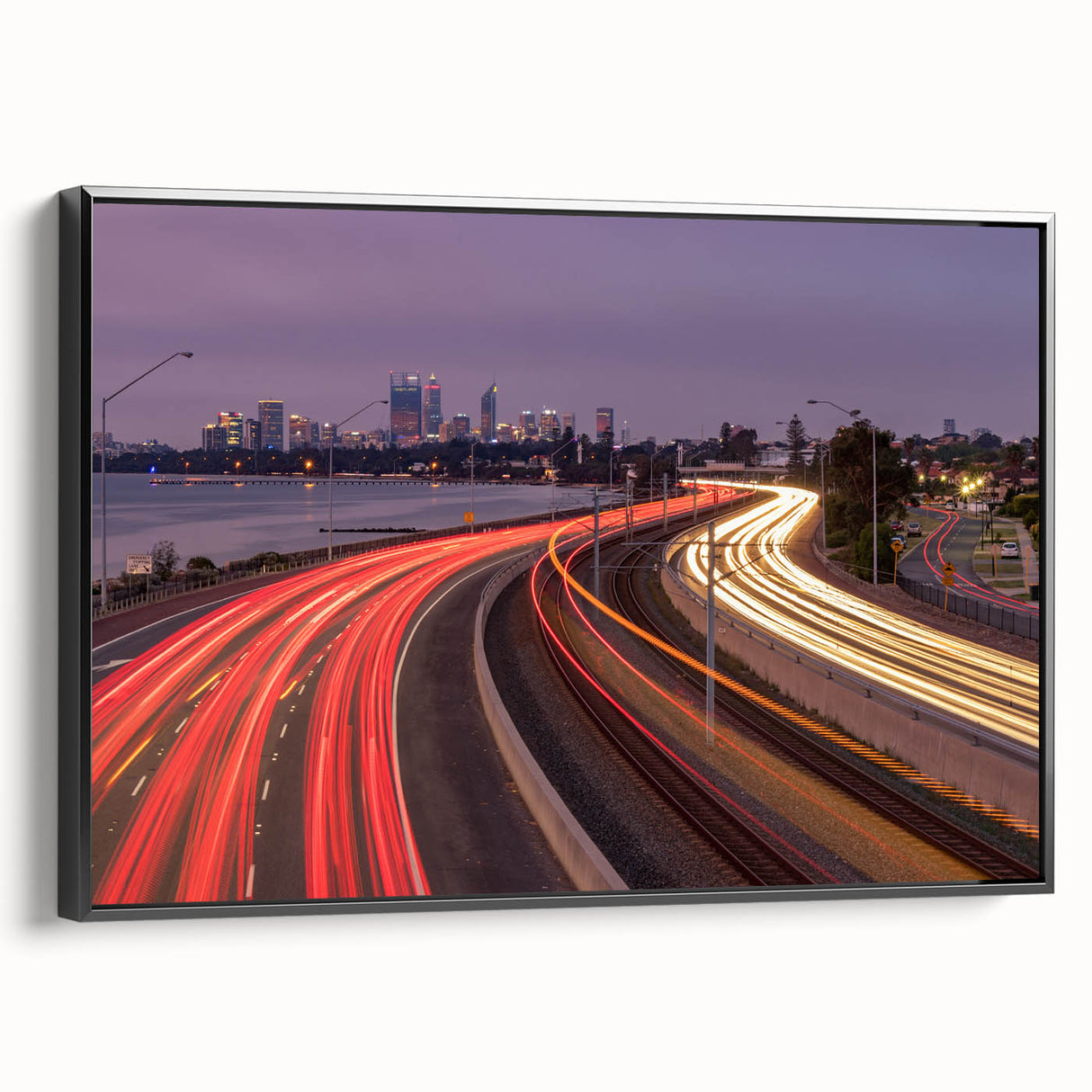 Black and white framed canvas of Perth landscape with vintage poster style, ideal for bedroom wall art.