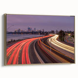 Landscape art painting of Perth, Australia on framed canvas, featuring a vintage poster style with a colorful palette.