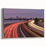Vintage poster art of Perth skyline in colorful hues on extra large, framed canvas, ideal for living room decor.
