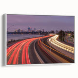 Framed canvas depicting a vintage-style Perth landscape in muted black and white tones, suitable as wall art for a bedroom.