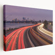 Side view of a stretched canvas featuring a realistic Perth, Australia skyline in muted earth tones.