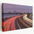 Side view of a stretched canvas featuring a realistic Perth, Australia skyline in muted earth tones.
