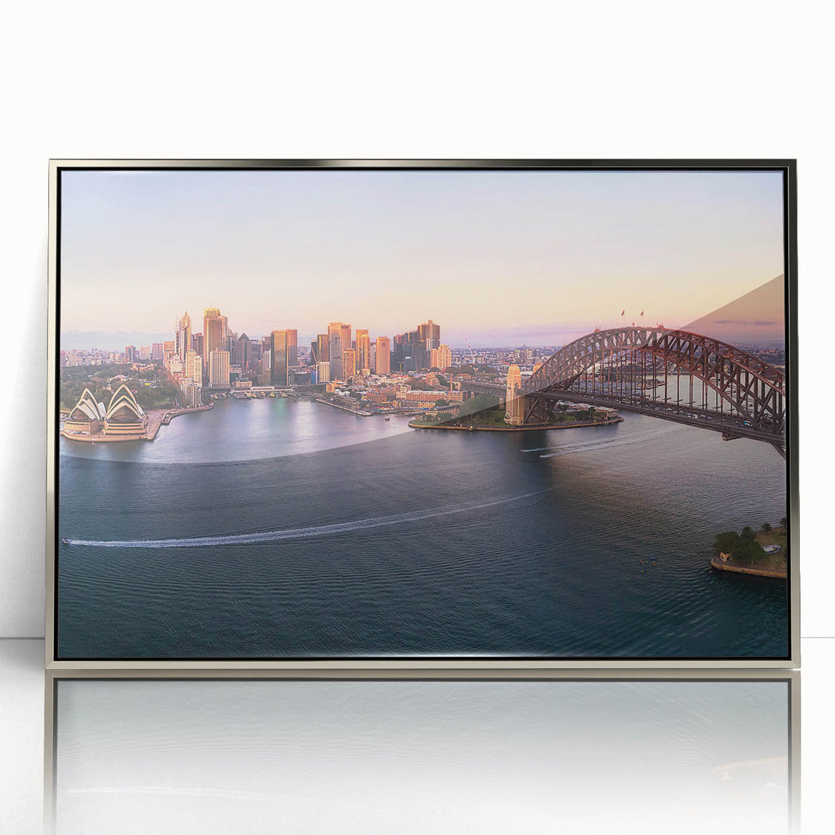 Framed acrylic print of Sydney skyline in silver, featuring mid-century modernist style, ideal for modern art wall decor.