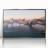 Framed acrylic print of Sydney skyline in silver, featuring mid-century modernist style, ideal for modern art wall decor.