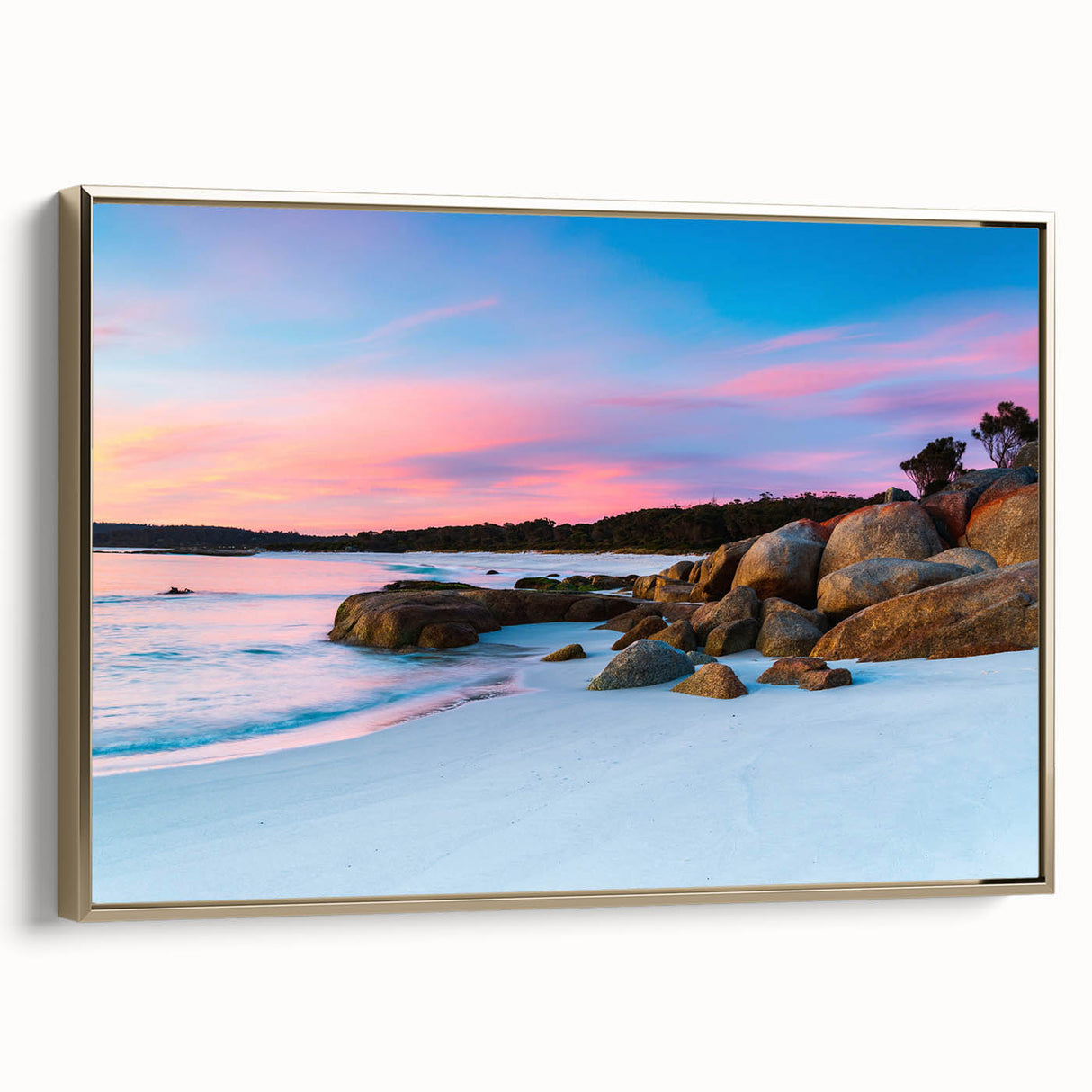 Vintage poster art of Tasmania scenery on a framed canvas, featuring colorful art in extra large size.