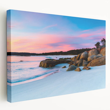Large art depicting a serene Tasmanian landscape in muted green and blue tones on stretched canvas.