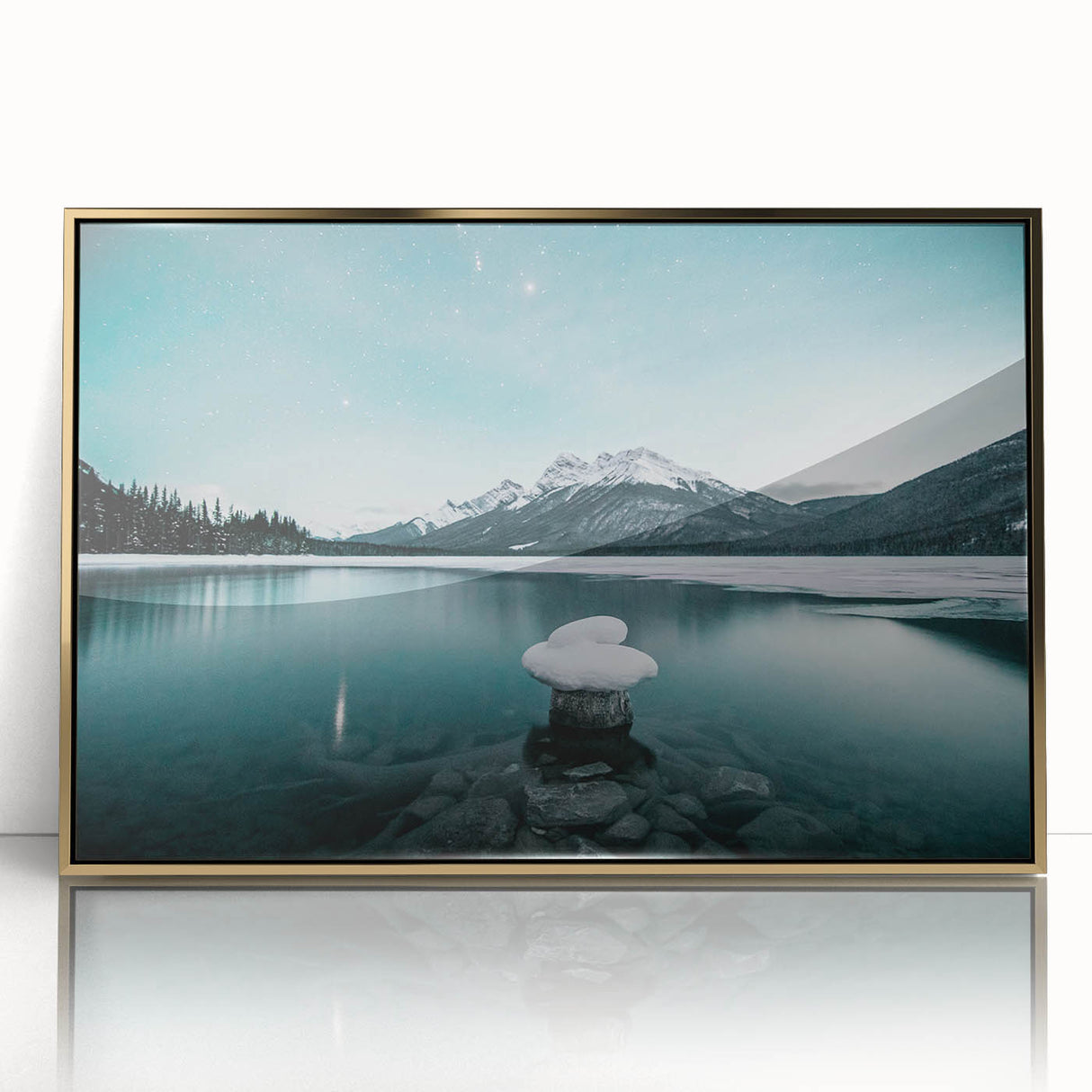 Large art print of Alberta, Canada scenery in mid-century modernist style, framed in gold acrylic.