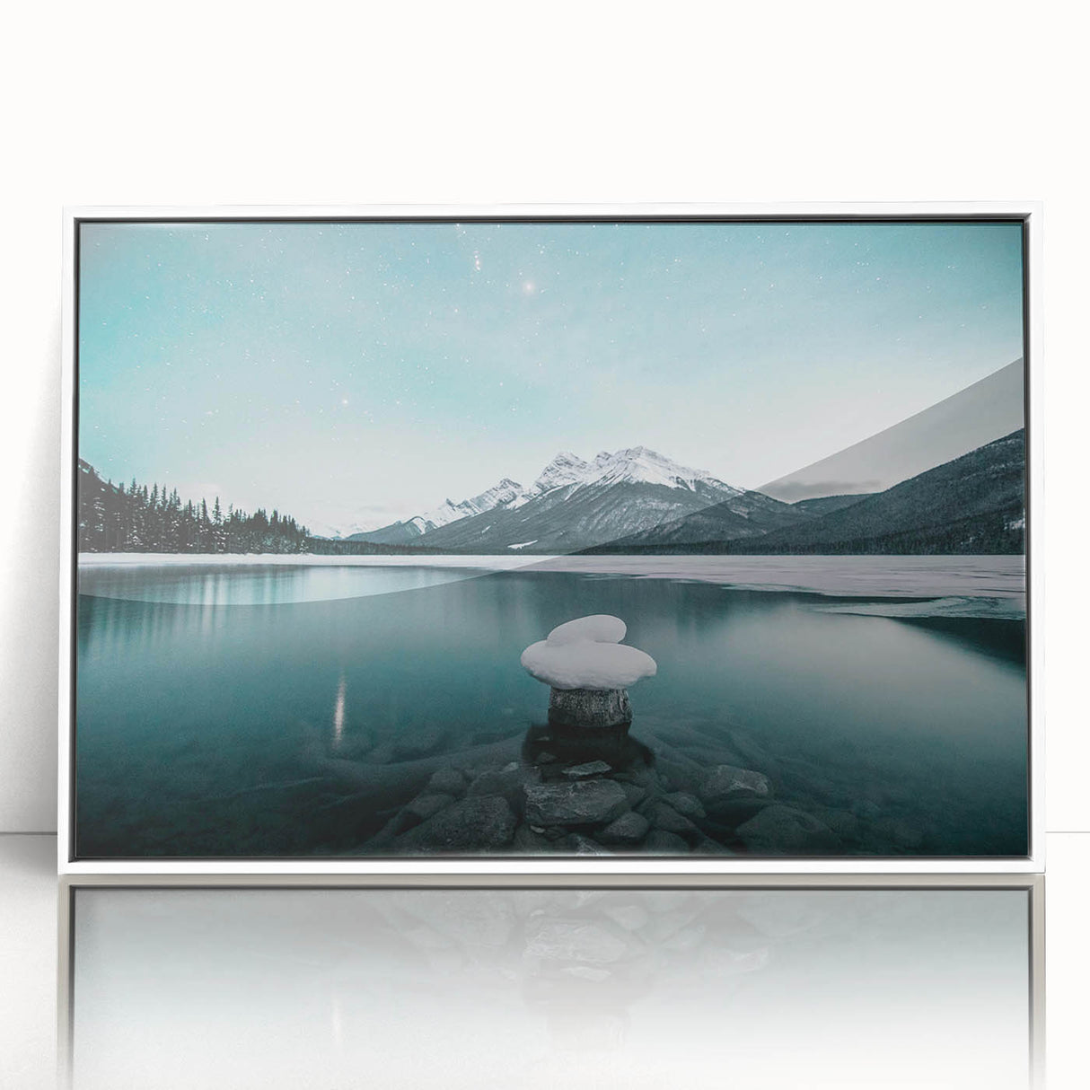 Modern art wall decor featuring a serene Alberta, Canada scenery on a white-framed acrylic print.