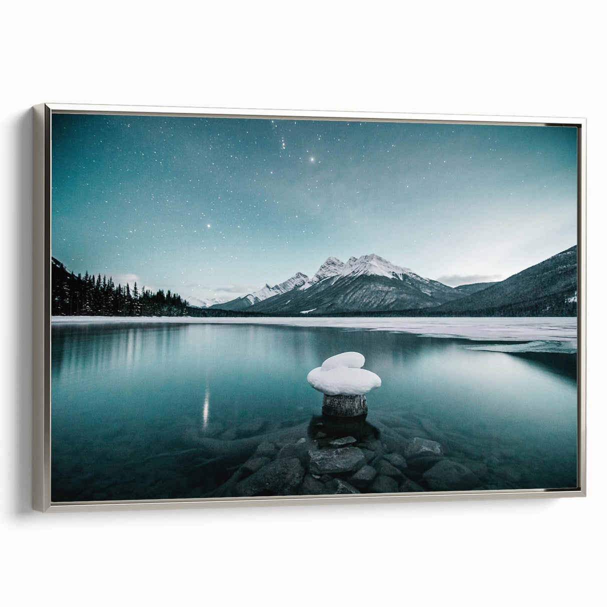 Landscape art painting of Alberta, Canada, featuring colorful forest and mountain, in a silver-framed canvas.