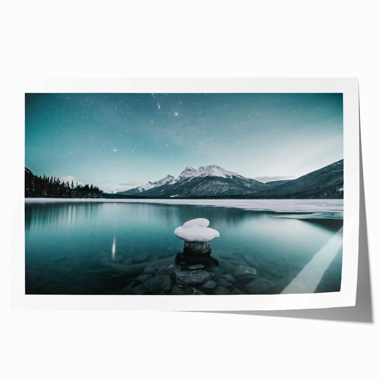 Scenic Alberta landscape on a rolled canvas, featuring lush greenery and a calm lake, ideal for art wall dining room.