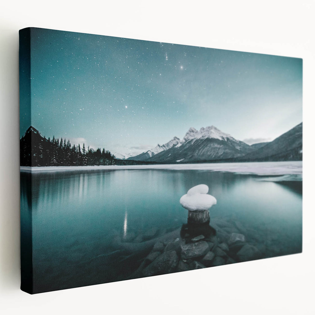 Landscape painting of Alberta, Canada on stretched canvas, featuring serene blue and green tones, ideal for kitchen wall art.