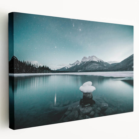 Landscape painting of Alberta, Canada on stretched canvas, featuring serene blue and green tones, ideal for kitchen wall art.