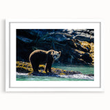 Abstract art print depicting a serene British Columbia landscape in muted earth tones, framed with a white mat.