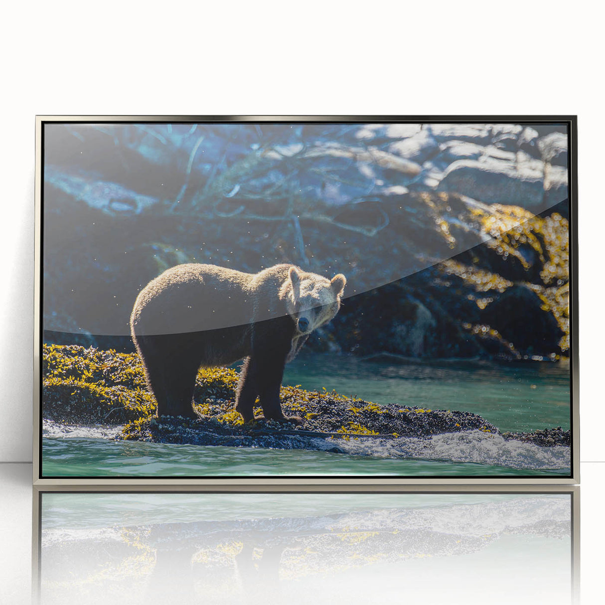 Framed acrylic print of a British Columbia landscape in mid-century modernist style, featuring muted earth tones.