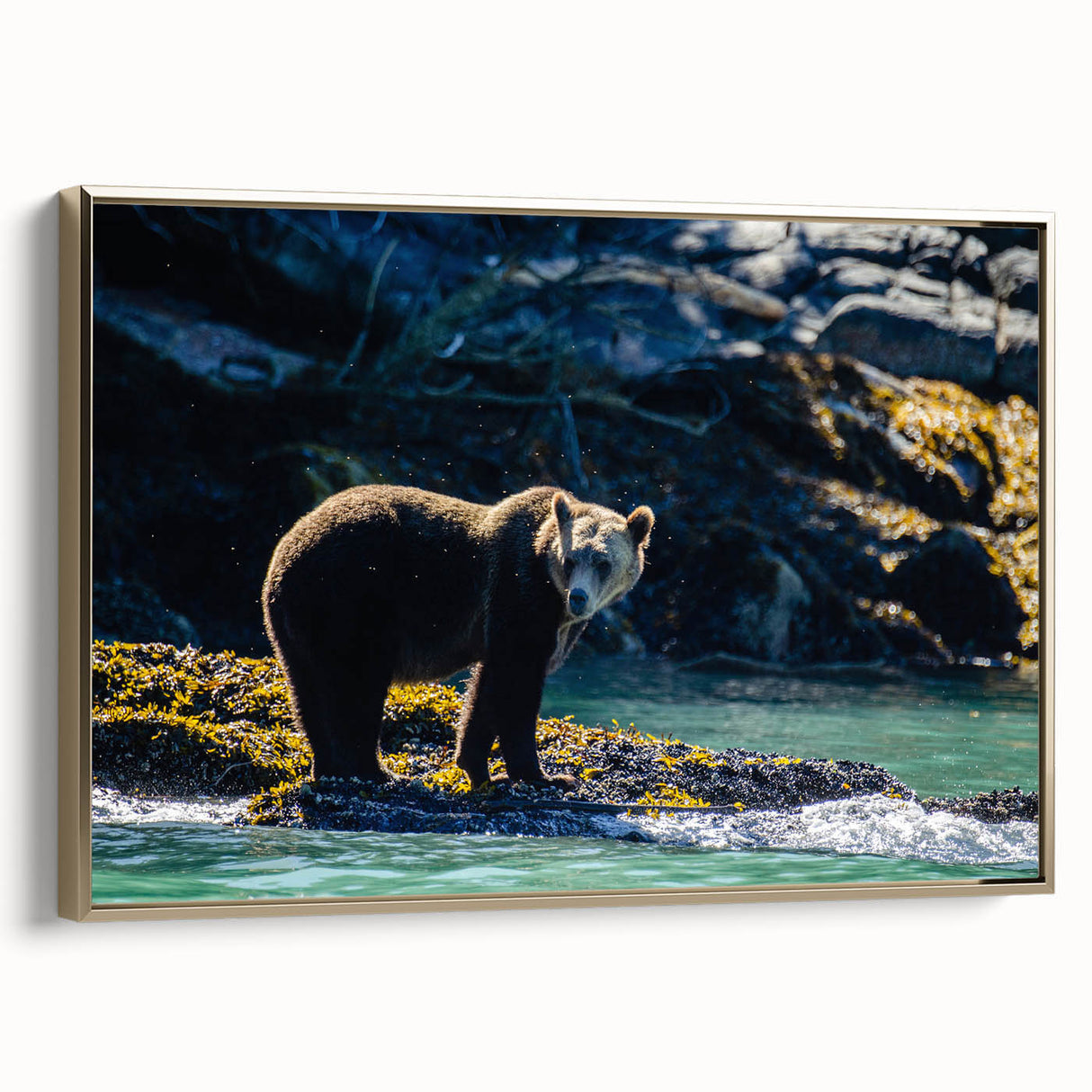 Framed canvas featuring a vintage-style landscape painting of British Columbia, ideal for bedroom wall art.