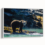 Framed canvas of vintage poster art depicting British Columbia scenery in colorful tones, ideal for living room decor.