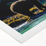 Art deco poster of British Columbia scenery in muted green and blue tones on rolled canvas.