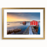 Extra large abstract art print of textured Newfoundland scenery in muted colors, framed in gold, ideal for living room decor.