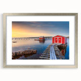 Textured abstract art print depicting rugged Newfoundland scenery in muted earth tones, framed in silver.