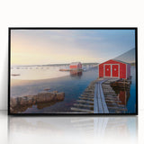 Large abstract wall art depicting vibrant Canadian Newfoundland scenery on a black framed acrylic print.