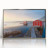 Mid-century modernist art depicting Newfoundland scenery in muted earth tones on a framed acrylic print.