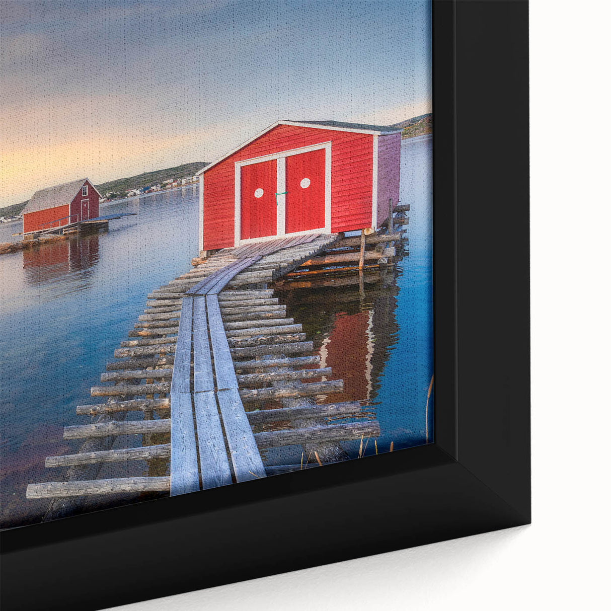 Textured black wall art of Newfoundland scenery on framed canvas with colorful accents, ideal for living room decor.