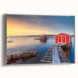 Landscape art painting of Newfoundland scenery, framed canvas with a vintage poster style, featuring muted earth tones.