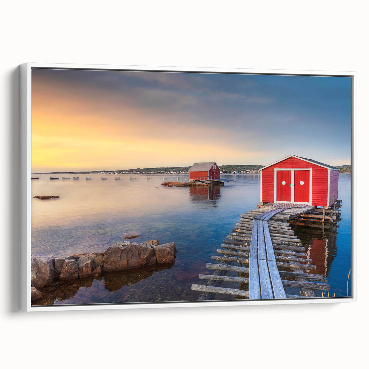 Vintage poster art of a Newfoundland scenery on a framed canvas, featuring colorful art in extra large size.