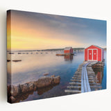 Large canvas print depicting a serene Newfoundland landscape in muted green and blue tones, ideal for kitchen wall art.