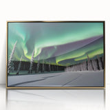 Framed acrylic print of a serene Northwest Territories landscape in gold and blue tones, ideal for modern art wall decor.