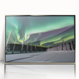 Mid-century modernist art depicting the Northwest Territories landscape in cool blue tones.