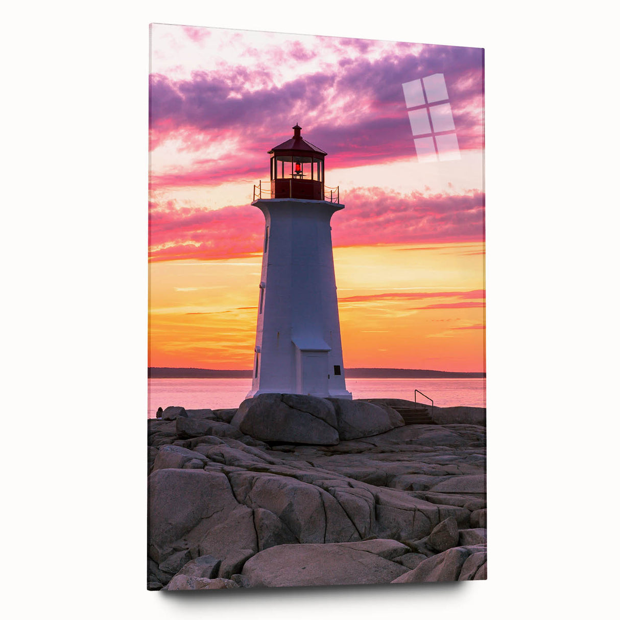 Acrylic print of a serene Nova Scotia landscape in muted blues and greens, suitable for bedroom or dining room decor.