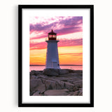 Extra large abstract art print of a colorful Nova Scotia scenery on a textured canvas, framed in black.
