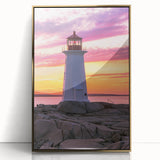 Large art print of Nova Scotia scenery on a framed acrylic canvas with golden hues, fitting for modern art wall decor.