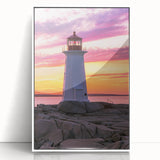 Acrylic print of Nova Scotia scenery in art deco style, framed in white, for modern nursery decor.