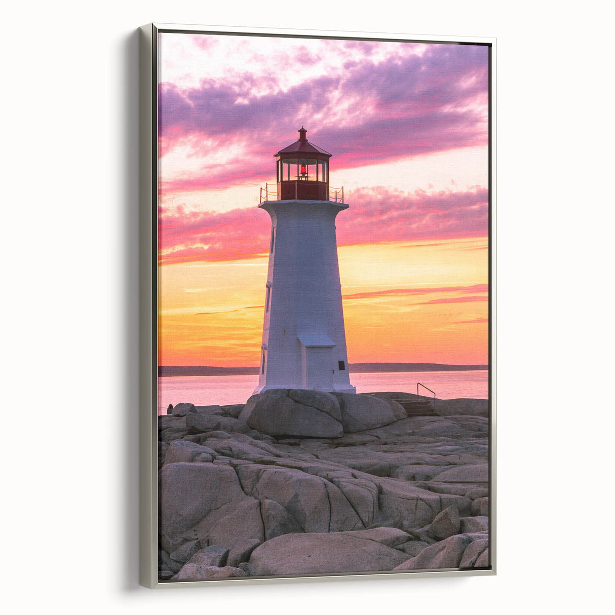 Framed canvas depicting a vintage-style landscape art painting of Nova Scotia, featuring colorful art on a black background.