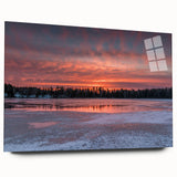 Large abstract wall art depicting a serene Ontario landscape in muted blue and green tones on acrylic glass.