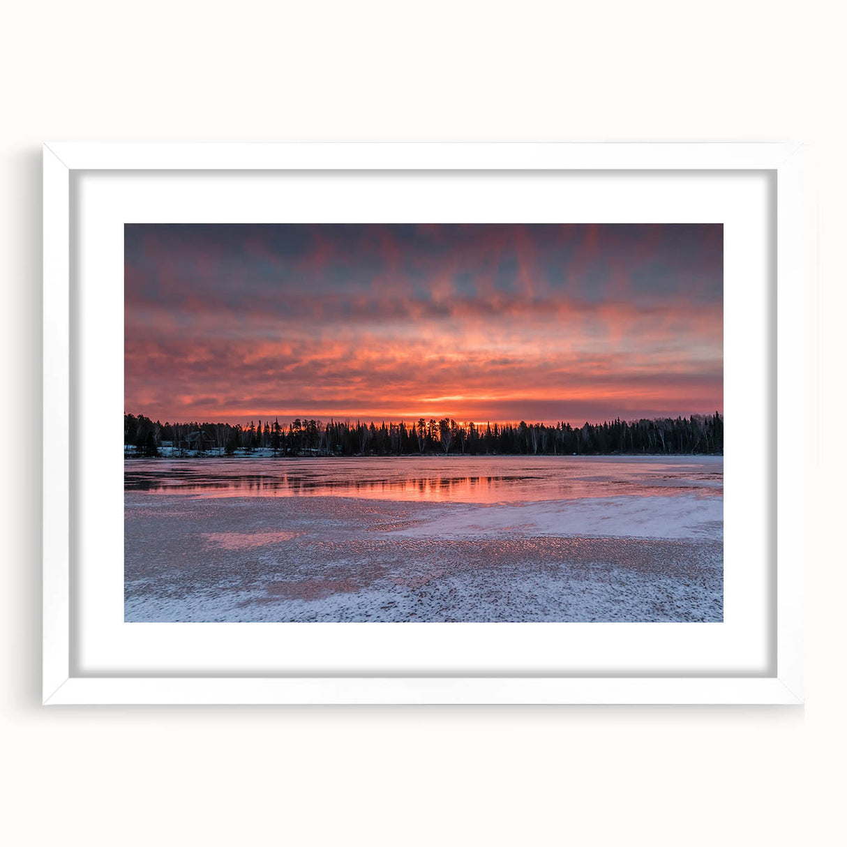 Abstract art print of Ontario scenery in muted green and blue tones, framed with a white mat.