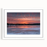 Abstract art print of Ontario scenery in muted green and blue tones, framed with a white mat.