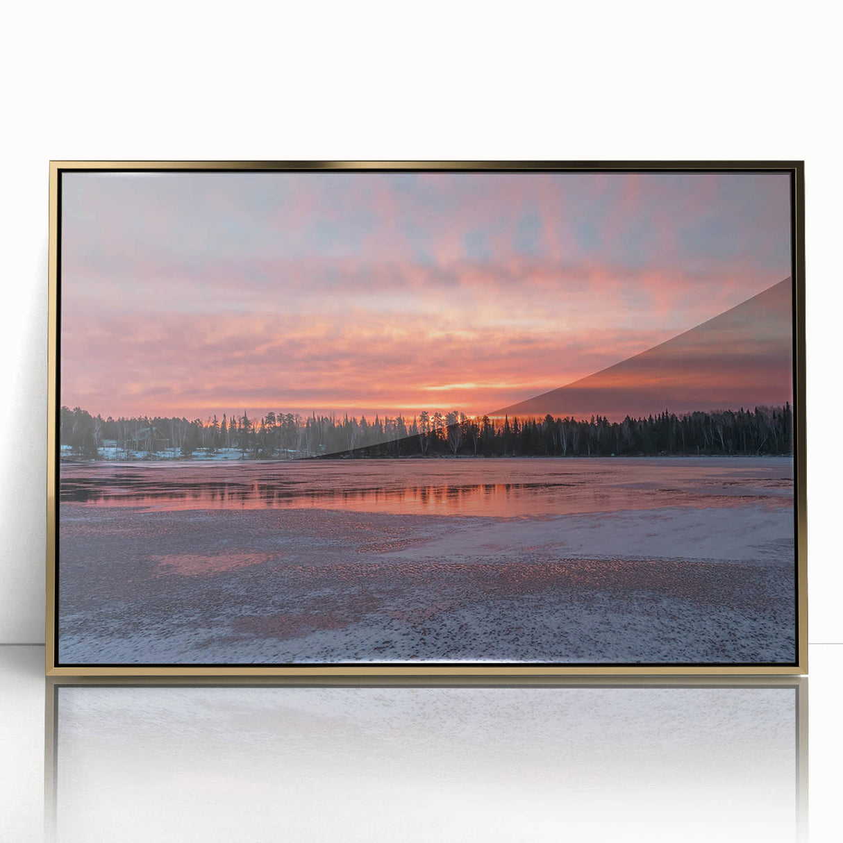 Large art print of Ontario scenery, mid-century modernist style in acrylic, framed in gold, ideal for modern art wall decor.