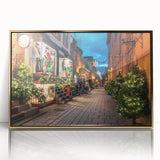 Large art print of a Quebec scenery in mid-century modernist style, framed in gold acrylic, ideal for modern art wall decor.