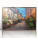 Mid-century modernist art depicting Quebec scenery in muted gray and blue tones on a silver-framed acrylic print.