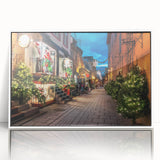 Art deco poster of Quebec scenery in muted blue and white tones on framed acrylic, suitable for modern nursery wall decor.