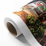 Art deco poster of Quebec scenery on rolled canvas, featuring cool blue and white tones, ideal for nursery wall art.