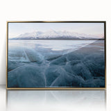 Large art print of a Yukon scenery in mid-century modernist style, framed in gold acrylic, ideal for modern art wall decor.