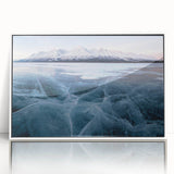 Acrylic print of a serene Yukon landscape in muted blue and white tones, ideal for modern art wall decor.