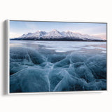 Vintage poster art of Yukon scenery on framed canvas, featuring a colorful palette, ideal for living room decor.