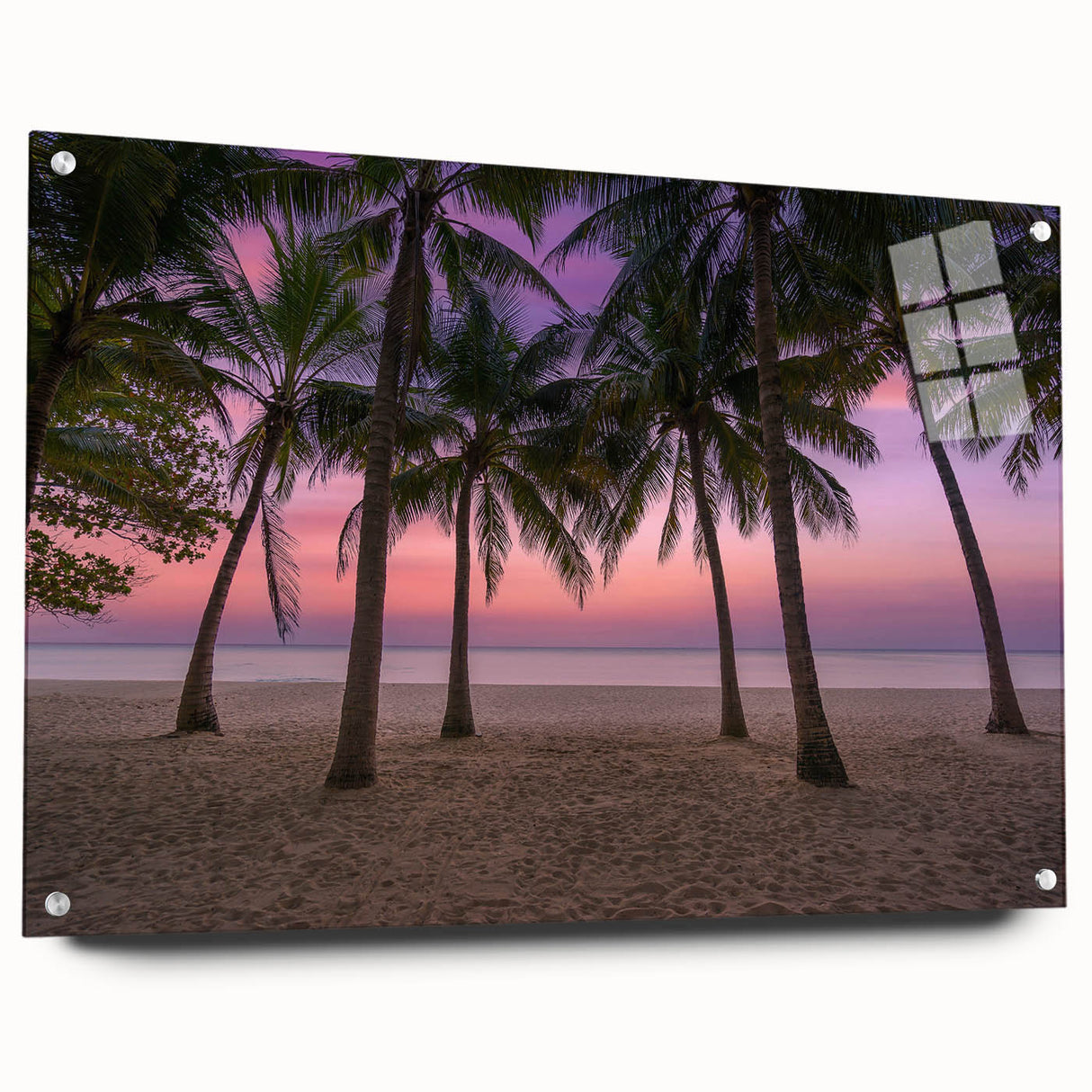 Large abstract wall art of Caribbean scenery on acrylic glass, featuring azure and teal tones.