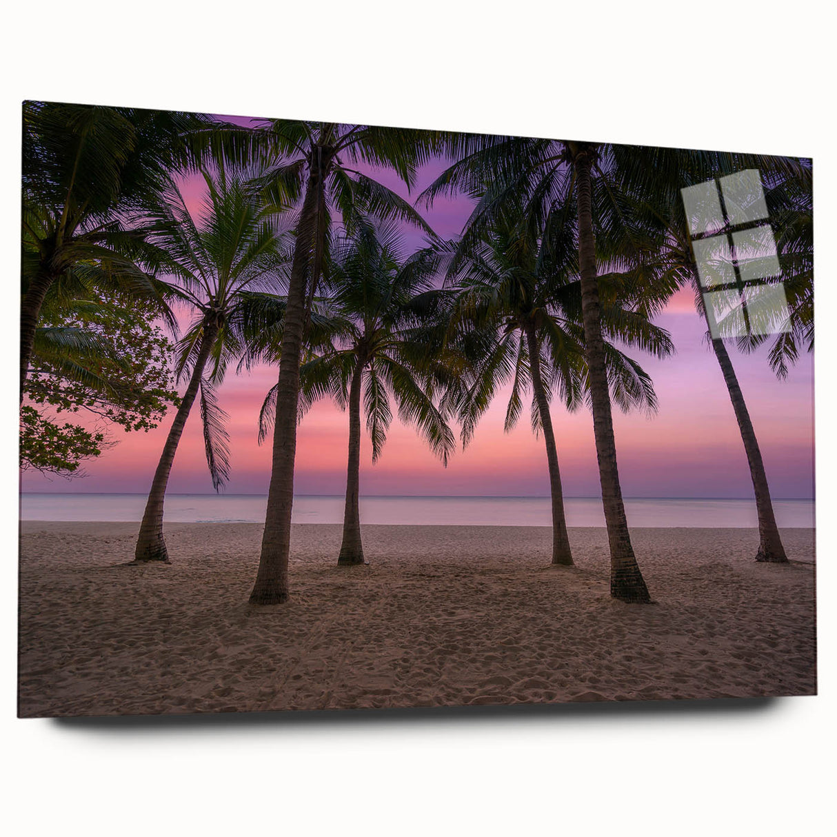 Large abstract wall art on acrylic glass featuring serene Caribbean scenery, suitable for bedroom or dining room decor.